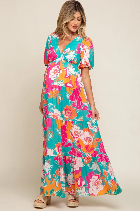 Teal Floral Puff Sleeve Tiered Maternity Maxi Dress Cozy Knitted Maxi Dress