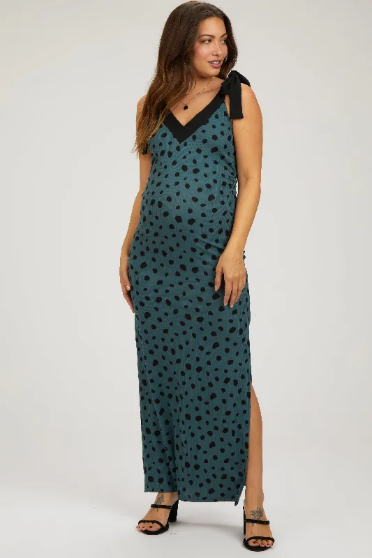 Teal Ribbed Polka Dot Shoulder Tie Maternity Maxi Dress Stylish Boho Maxi Dress