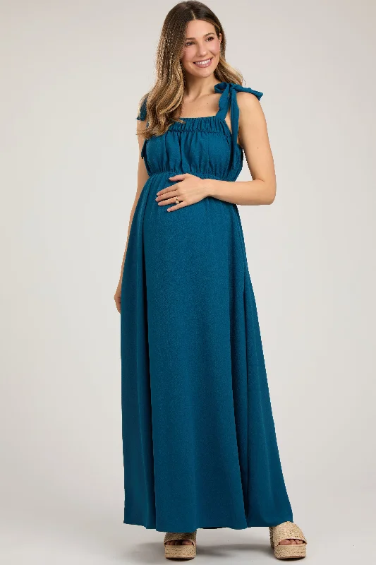 Teal Square Neck Shoulder Tie Maternity Maxi Dress Elegant Maxi Dress with Belt