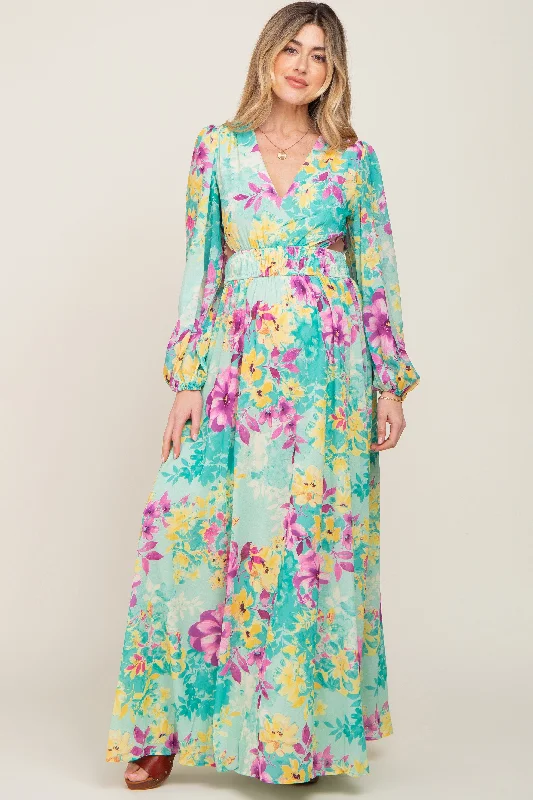 Turquoise Floral Side Cutout Maternity Maxi Dress Elegant Maxi Dress with Lace