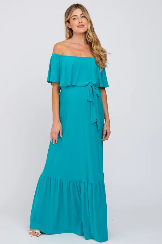 Turquoise Off Shoulder Maternity Maxi Dress Stylish Boho Chic Maxi Dress