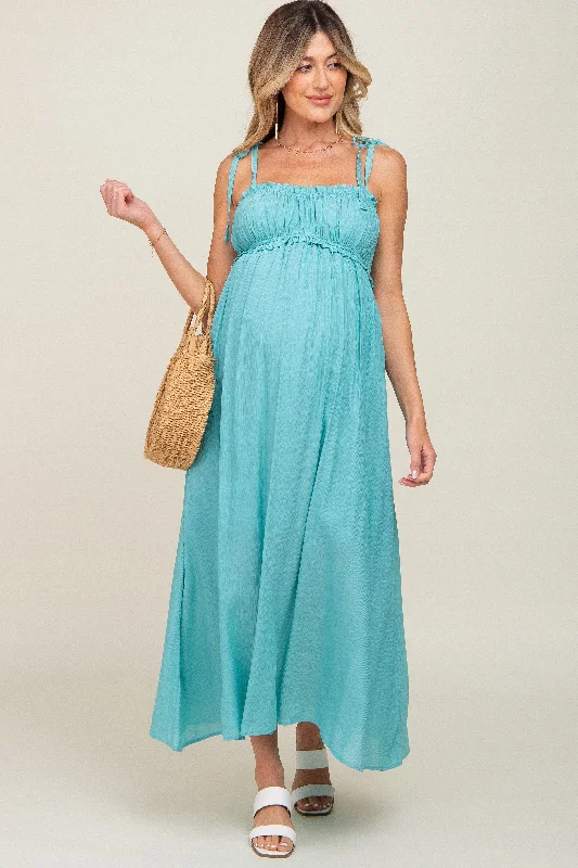 Turquoise Sleeveless Ruffle Trim Maternity Maxi Dress Chic Boho Print Maxi Dress