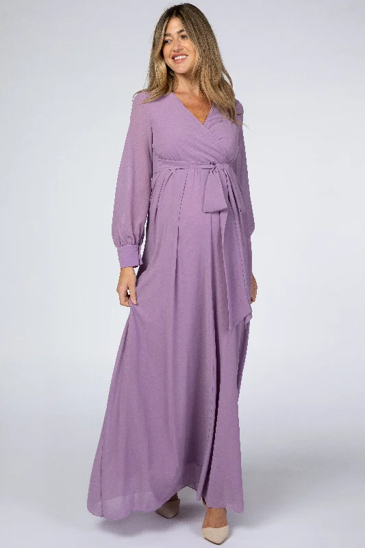 Violet Chiffon Long Sleeve Pleated Maternity Maxi Dress Trendy Satin Maxi Dress