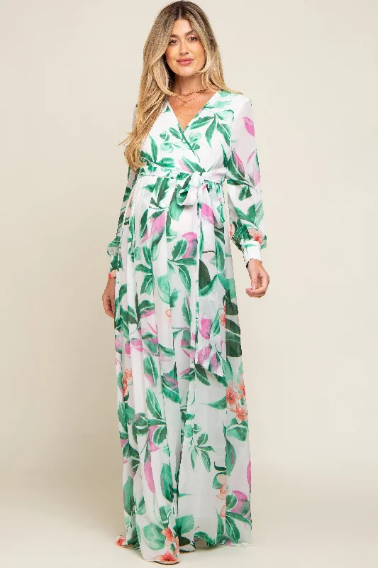 White Floral Chiffon Maternity Maxi Dress Comfortable Maxi Dress with Sleeves