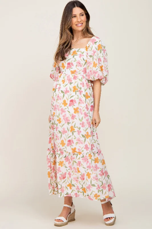 White Floral Puff Sleeve Maternity Maxi Dress Fashionable Maxi Dress with Fringe