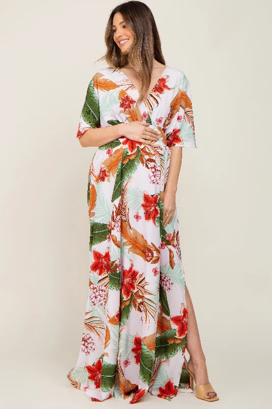 White Floral Smocked Waist Maternity Maxi Dress Comfortable Maxi Dress with Sleeves