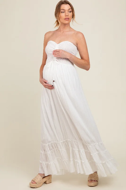 White Smocked Cutout Back Maternity Maxi Dress Trendy Ruffled Maxi Dress