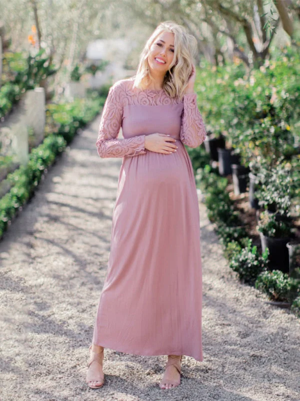 Women’s Maternity Lace Adorned Long Sleeved Maxi Dress Elegant Maxi Dress with Ruffles