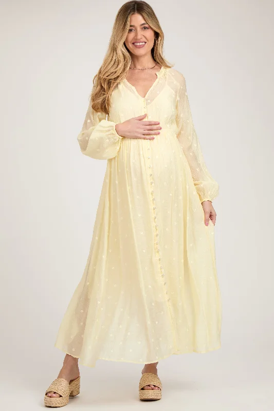 Yellow Embroidered Maternity Button Down Maxi Dress Casual Maxi Dress with Pockets