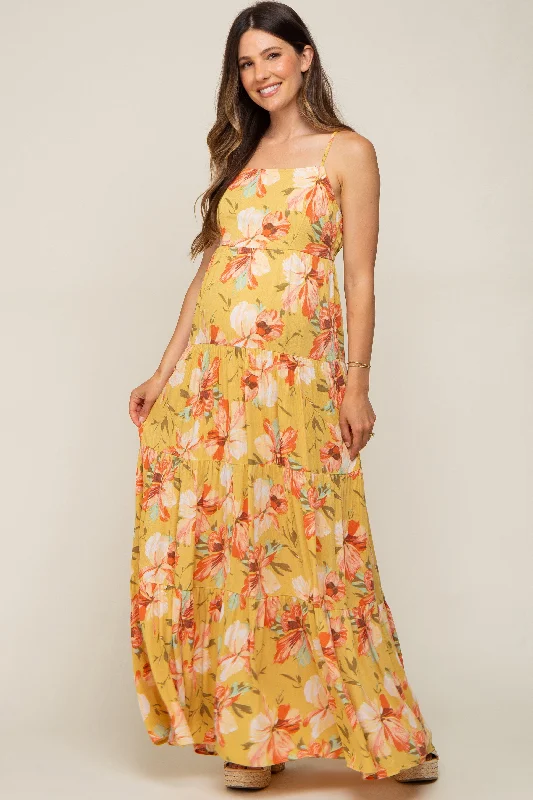 Yellow Floral Sleeveless Tiered Maternity Maxi Dress Trendy Off-Shoulder Ruffle Maxi Dress