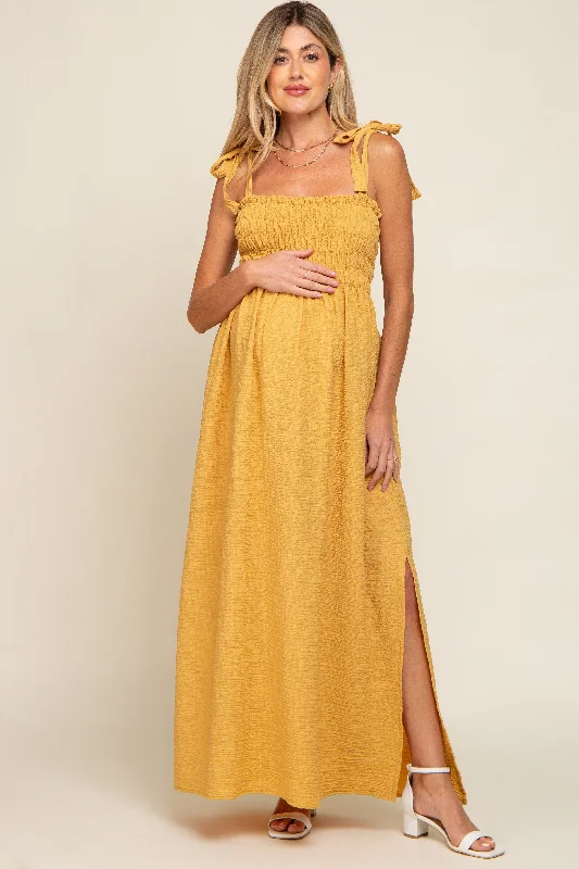 Yellow Textured Smocked Shoulder Tie Maternity Maxi Dress Comfortable Cotton Maxi Dress