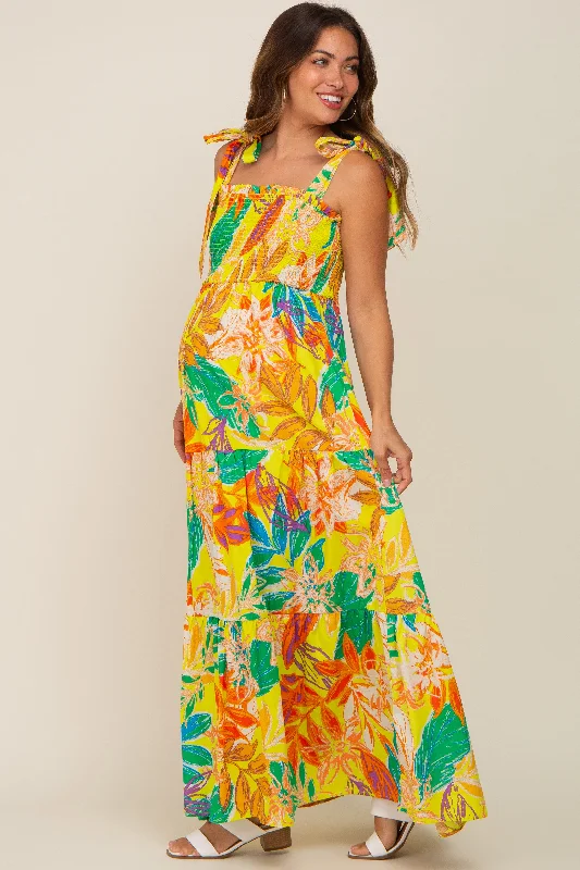 Yellow Tropical Print Smocked Tie Sleeve Maternity Maxi Dress Comfortable Ruffle Maxi Dress