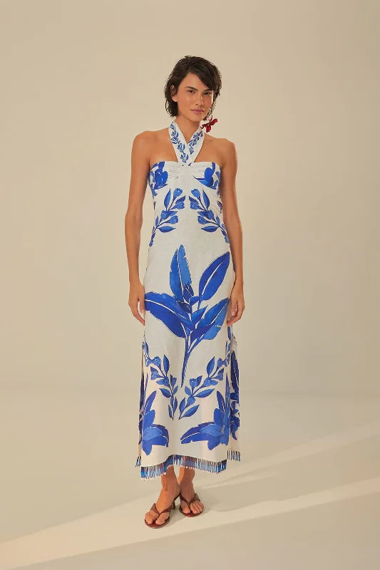 Off-White Blue Yard Sleeveless Maxi Dress Elegant Tiered Maxi Dress
