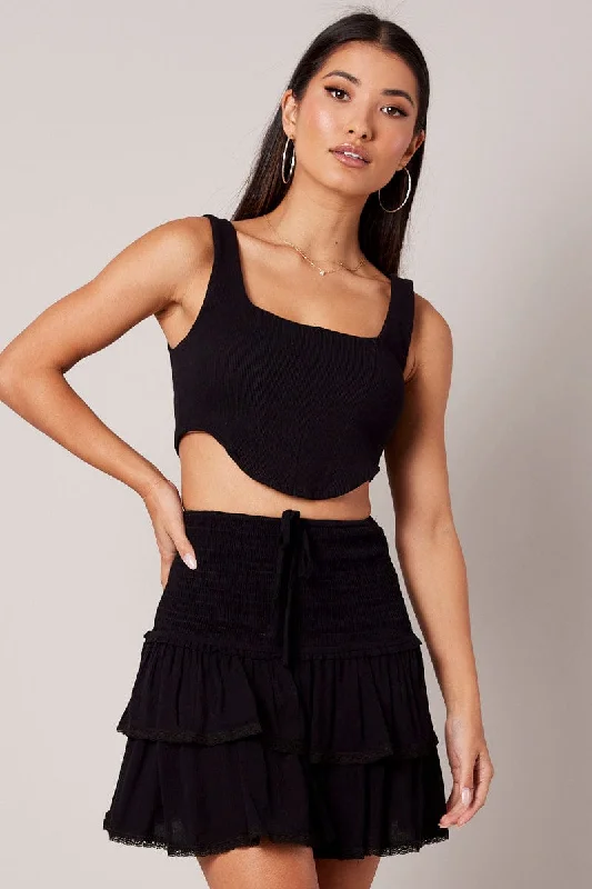 Black Skater Skirt Smocking Waist Mini leather skirt sleek