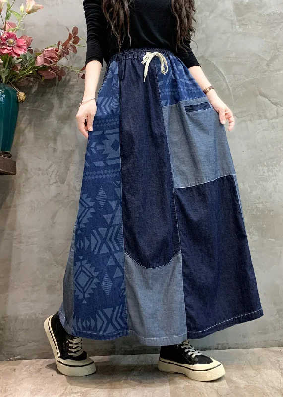 Boho Casual Navy Patchwork Elastic Waist Denim Skirts Spring wrap skirt elegant