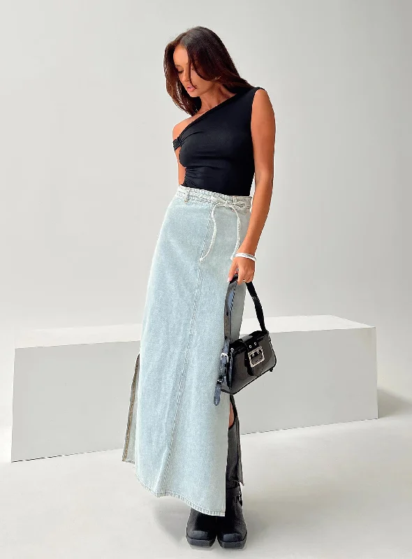 Brandee Tie Front Denim Maxi Skirt Light Wash leather skirt bold