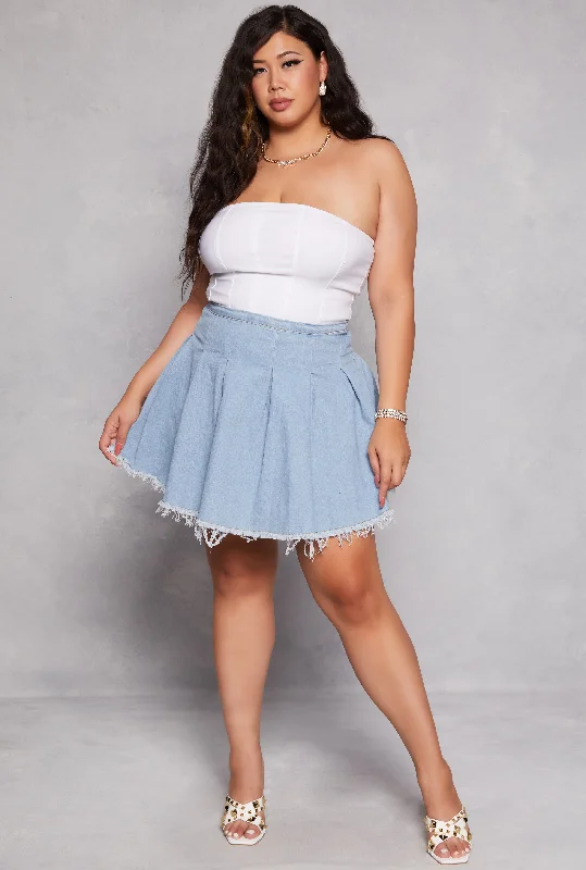 Plus Size Daisy Denim Frayed Hem Pleated Skirt lace skirt elegant