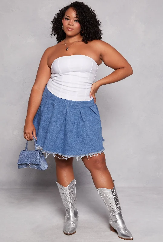 Plus Size Daisy Denim Frayed Hem Pleated Skirt athletic skirt fit