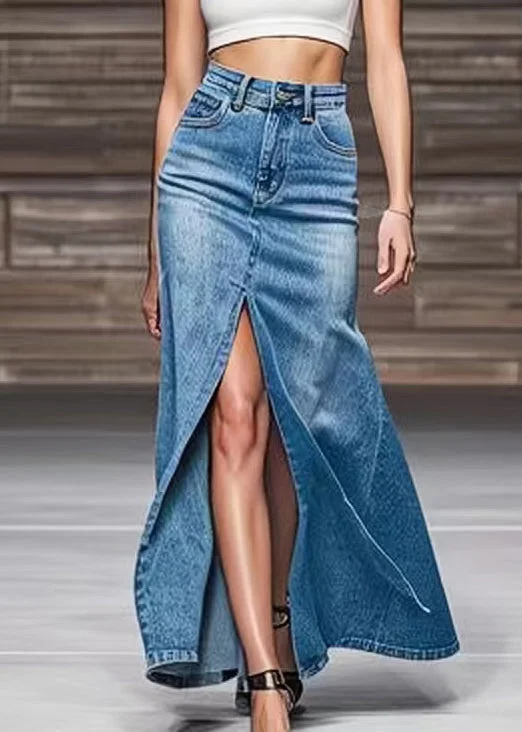 Modern Blue Front Open High Waist Denim Maxi Skirts Summer lace skirt elegant