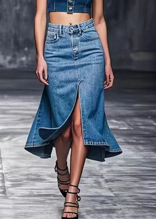 Modern Blue Front Open High Waist Denim Skirts Summer silk skirt lustrous