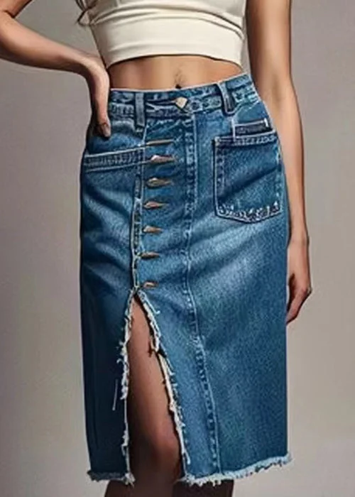 New Blue Button Front Open High Waist Denim Skirts Summer chiffon skirt flowing