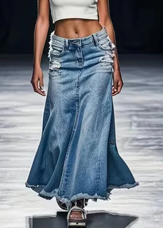 New Blue Hole Pockets High Waist Denim Maxi Skirts Summer vintage skirt charm