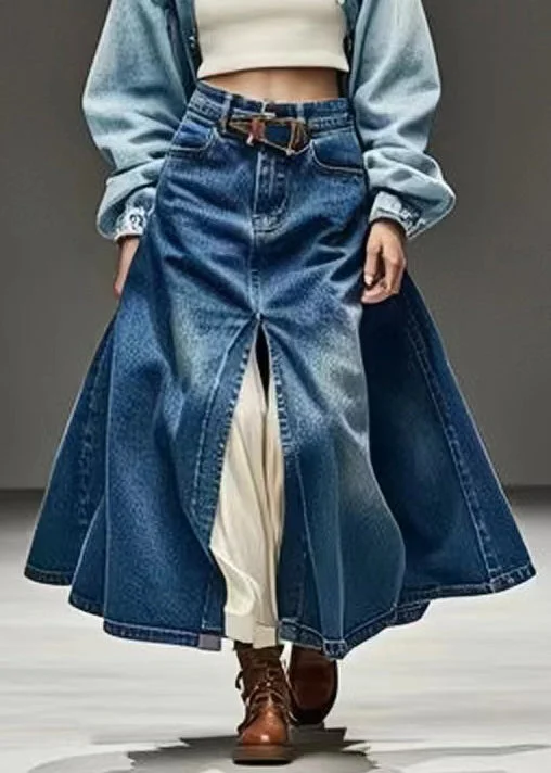 New Blue Pockets Side Open High Waist Denim Skirts Summer silk skirt elegant