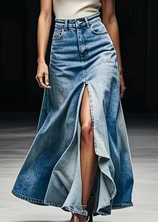 Plus Size Blue Pockets Side Open Denim Maxi Skirts Summer denim skirt casual