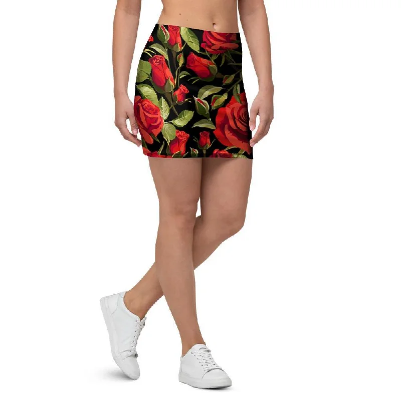 Red Rose Floral Mini Skirt pleated skirt texture