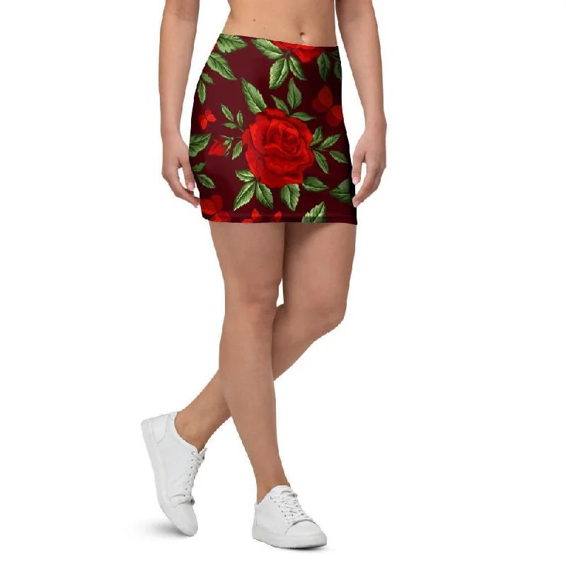 Red Rose Flower Mini Skirt slim fit skirt