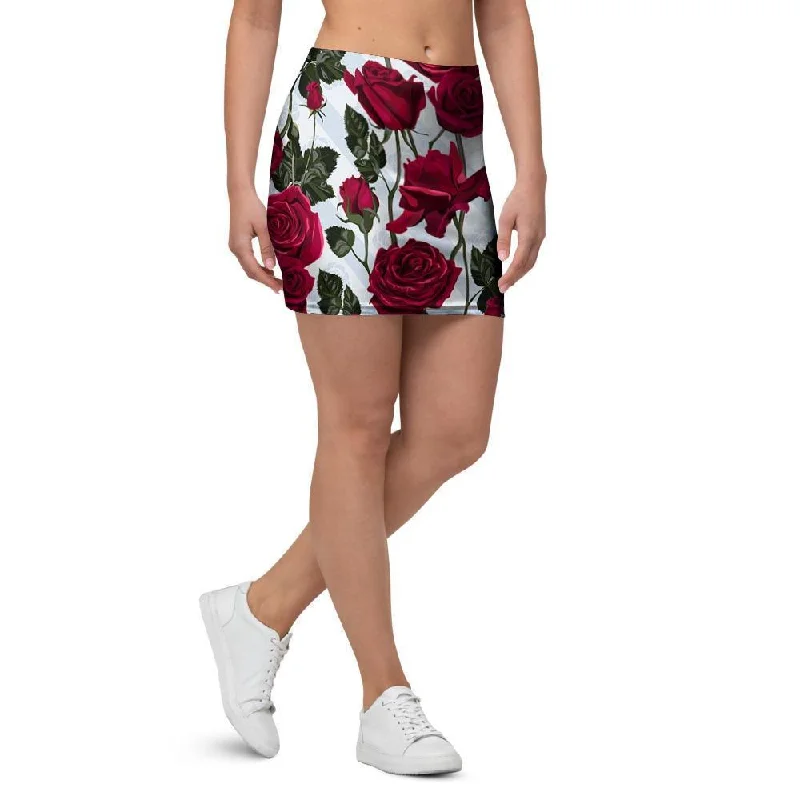 Red Rose Flower Print Mini Skirt chiffon skirt floaty