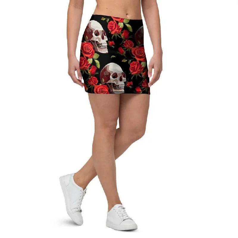 Red Rose Skull Mini Skirt satin skirt smooth