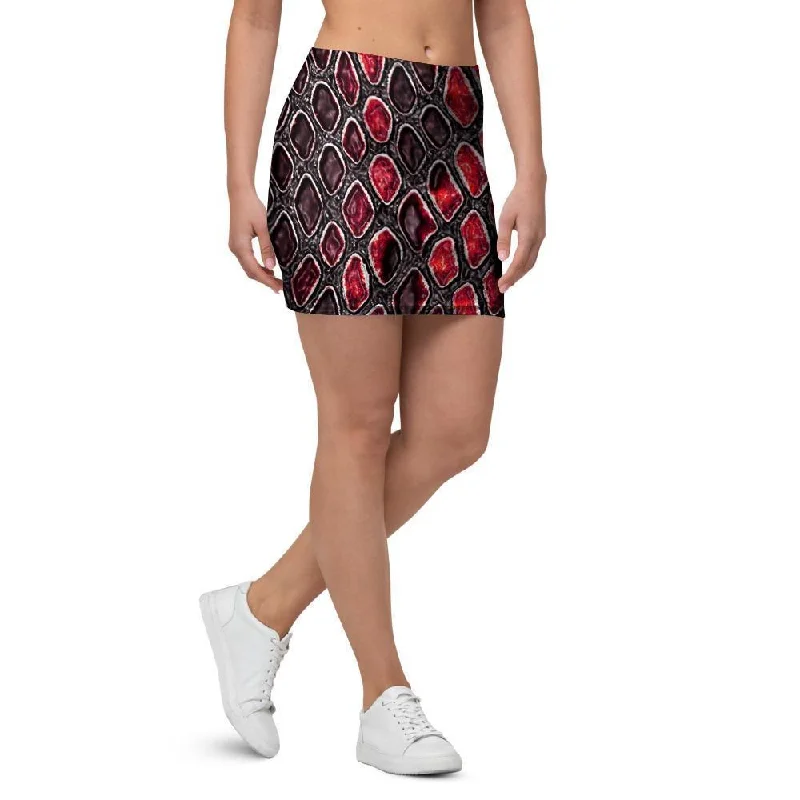 Red Snakeskin print Mini Skirt wool skirt breathable