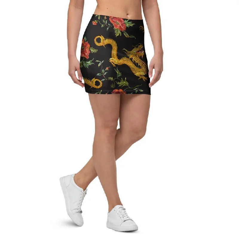 Rose Floral Golden Dragon Print Mini Skirt corduroy skirt durable