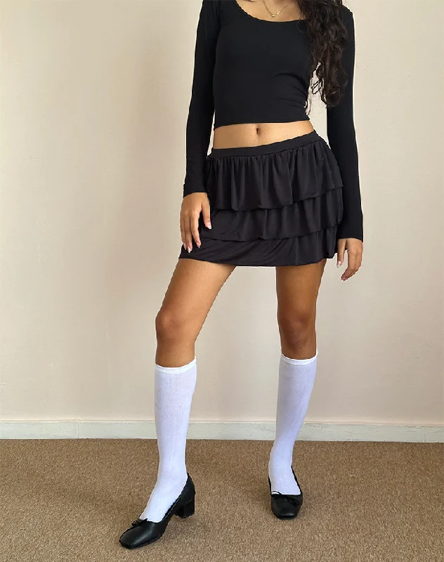 Sefone Tiered Mini Skirt in Slinky Black leather skirt bold