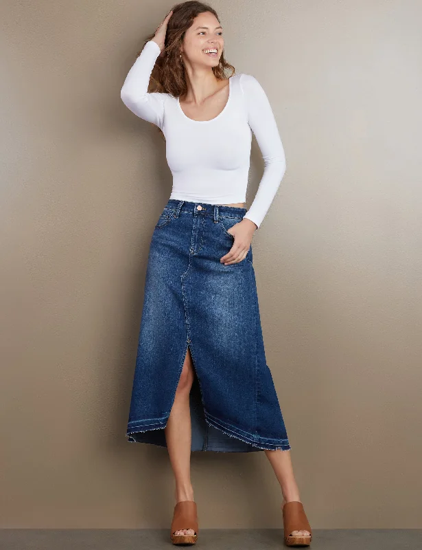 Slit Front Midi Denim Skirt lace skirt elegant