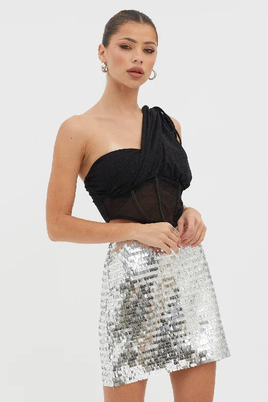 Starry December Sequin Mini Skirt Silver high slit skirt