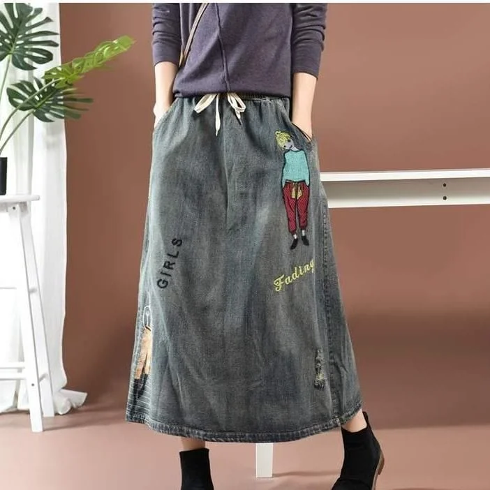 Streetstyle Cartoon Embroidered Denim Skirt corduroy skirt cozy