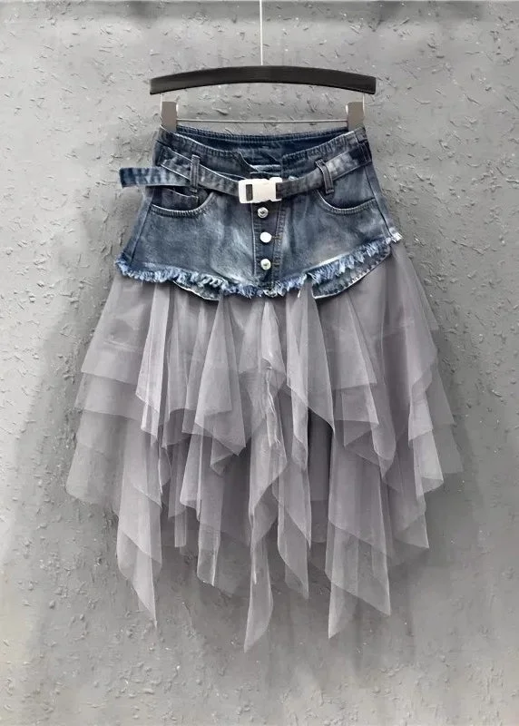 Style Blue Asymmetrical Tulle Patchwork Denim Skirts Summer linen skirt relaxed