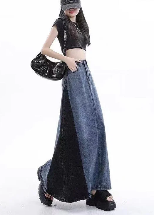 Stylish Blue Patchwork High Waist Denim Maxi Skirts Summer elastic waist skirt