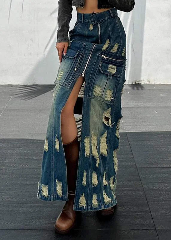 Stylish Blue Zip Up Patchwork Ripped Denim Skirts Spring chiffon skirt delicate