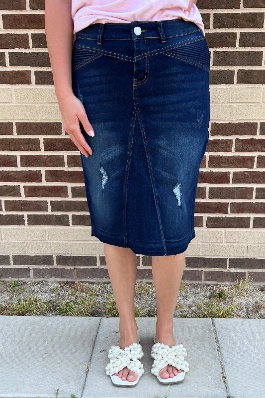 The Harlow Distressed Denim Skirt in Dk. Indigo (FINAL SALE) denim skirt classic