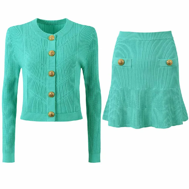 Women Knitted Mini Skirt Suit Button Embellished Two Pieces Set high waist skirt