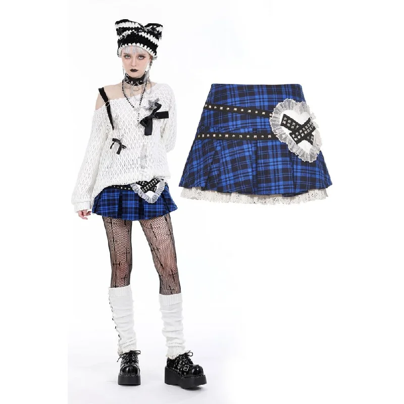 Women's Lolita Studded Plaid Pleated Skirt denim skirt classic