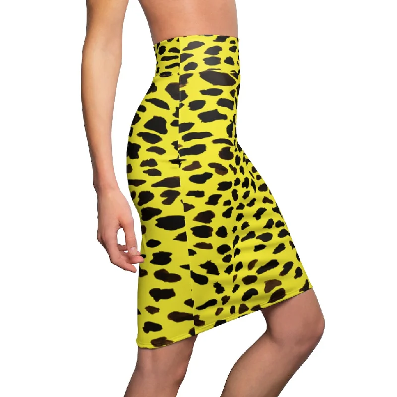 Yellow Leopard Women's Pencil Skirt, Animal Print Designer Mid Waist Skirt For Ladies-Made in USA pencil skirt chic